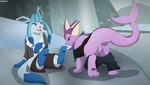 after_transformation ambiguous_gender clothed clothed_feral clothing duo featureless_crotch feral snow suggestive tail transformation alsoflick nintendo pokemon awryscott skipa eeveelution generation_1_pokemon generation_4_pokemon glaceon pokemon_(species) shiny_pokemon vaporeon absurd_res hi_res