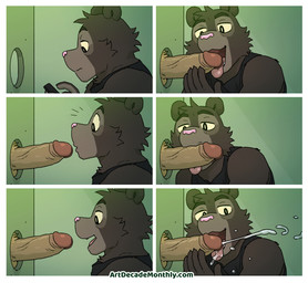 anthro bathroom black_body black_fur bodily_fluids clothing cum cum_in_mouth cum_inside cumshot duo ejaculation electronics erection eyebrows fellatio fur genital_fluids genitals glans glory_hole male male/male oral penile penis phone pink_nose public_restroom restroom_sex restroom_stall sex shirt surprised tank_top tongue tongue_out topwear using_phone vein yellow_sclera artdecade willy_(artdecade) bear mammal comic