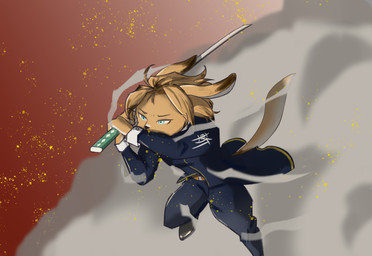 anthro biped blue_bottomwear blue_clothing blue_eyes blue_topwear bottomwear clothed clothing cloud dust_cloud embers fighting_pose footwear foreshortening fully_clothed gold_dust grey_clothing grey_footwear hair holding_object holding_weapon knife male pose red_sky running samurai sky smoke solo tan_body tan_hair topwear warrior weapon wind houkaisp mammal digital_media_(artwork) hi_res portrait three-quarter_portrait