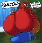 anthro back_rolls backpack beak belly big_belly big_butt butt cellulite exclamation_point female huge_butt looking_back morbidly_obese morbidly_obese_anthro morbidly_obese_female name_drop nude obese obese_anthro obese_female open_beak open_mouth overweight overweight_anthro overweight_female red_body solo speech_bubble text yelling chipchell banjo-kazooie rareware kazooie avian bird breegull 2022 english_text hi_res