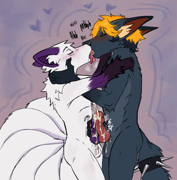 accessory animal_genitalia animal_penis anthro balls blush bodily_fluids canine_genitalia canine_penis collar cum cum_on_balls cum_on_penis duo ejaculation fluffy fluffy_tail frottage furgonomics genital_fluids genitals hair kissing knot leg_markings male male/male markings multi_tail neck_tuft onomatopoeia orange_hair orgasm penile penis penises_touching sex size_difference socks_(marking) sound_effects tail tail_accessory tail_collar text tongue tuft prince-vulpine frax_(fraxinus) rook_(rookarino4277) canid canine fox mammal absurd_res hi_res