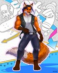 anthro barefoot belt black_belt black_hair black_nose blue_bottomwear blue_clothing blue_hair blue_pants bottomwear brown_body brown_fur clothing dipstick_tail ear_piercing ear_ring feet front_view fur graffiti hair inner_ear_fluff leather leather_clothing leather_topwear leather_vest long_tail looking_at_viewer male markings multicolored_body multicolored_fur multicolored_hair multicolored_tail orange_body orange_fur orange_tail pants piercing purple_eyes ring_piercing shirt solo standing t-shirt tail tail_markings topwear tuft two_tone_body two_tone_fur two_tone_hair two_tone_tail vest white_clothing white_shirt white_tail white_topwear apple-faced baxter_mikasa canid canine fox mammal 2021 digital_media_(artwork) full-length_portrait hi_res portrait signature