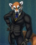 anthro bulge clothed clothing fully_clothed green_eyes looking_at_viewer male solo suit text shinigamigirl winterrock_(partran) partran_(red_panda) ailurid mammal red_panda 2013 4:5 english_text