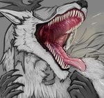 ambiguous_gender anthro antlers arm_tuft black_nose bodily_fluids cheek_tuft chin_tuft detailed_mouth dripping facial_tuft front_view fur grey_antlers grey_background horn mouth_shot neck_tuft obscured_eyes open_mouth pink_tongue saliva saliva_drip saliva_string sharp_teeth shoulder_tuft simple_background solo teeth tongue tuft unsigned white_body white_fur acidic bloodborne fromsoftware sony_corporation sony_interactive_entertainment vicar_amelia species_request bust_portrait colored_sketch hi_res portrait sketch