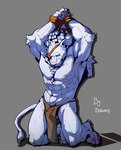 anthro bottomwear bound braided_hair clothing eye_patch eyewear hair kneeling loincloth looking_at_viewer male muscular muscular_anthro muscular_male raised_arms solo tail bahusky league_of_legends riot_games tencent rengar_(lol) felid lion mammal pantherine 2021 hi_res signature