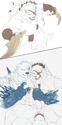 anal anal_penetration anthro balls bodily_fluids bulge claws cum detailed_bulge duo ejaculation electric eye_patch eyewear fur genital_fluids genital_outline genitals humanoid_genitalia humanoid_penis jewelry male male/male melee_weapon muscular muscular_male necklace nipple_fetish nipple_play nipples pecs penetration penis penis_outline pink_nose shocked shocking spikes spikes_(anatomy) surprised sword weapon white_body white_fur leoles league_of_legends riot_games tencent rengar_(lol) volibear bear felid lion mammal pantherine 1:2 hi_res