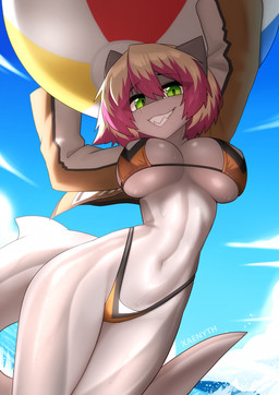 anthro ball beach beach_ball bikini blonde_hair bottomwear breasts clothing cloud countershading female green_eyes grey_body hair highlights_(coloring) inflatable jacket multicolored_hair navel nipple_outline nipples non-mammal_breasts non-mammal_navel non-mammal_nipples pattern_bottomwear pattern_clothing pattern_topwear pink_highlights sea shark_tail small_waist solo swimwear thick_thighs toothy_smile topwear two-piece_swimsuit water wide_hips xaenyth asteria_blackspot_(spyglass8) aquatic fish shark hi_res