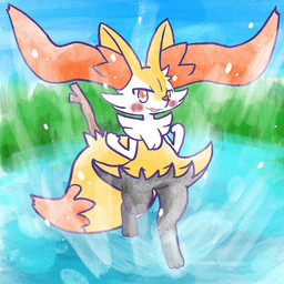 ambiguous_anthro ambiguous_gender anthro blush blush_stickers dipstick_tail front_view looking_at_viewer markings object_in_tail on_one_leg open_mouth open_smile outside smile snout solo standing stick stick_in_tail tail tail_markings water annyui0611 nintendo pokemon braixen canid generation_6_pokemon mammal pokemon_(species) 1:1 2024 digital_drawing_(artwork) digital_media_(artwork) full-length_portrait hi_res portrait