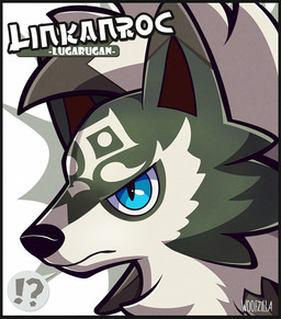 ambiguous_gender black_nose blue_eyes facial_markings feral fur green_body green_fur hair head_markings interrobang markings pupils simple_background slit_pupils solo text white_background white_body white_fur white_hair woofzilla nintendo pokemon the_legend_of_zelda link_(wolf_form) canid canine canis dusk_lycanroc generation_7_pokemon hybrid lycanroc mammal pokemon_(species) wolf english_text