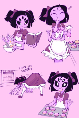 5_eyes 6_arms accessory apron arm_support ass_up bent_over black_hair black_sclera book bow_(feature) bow_accessory bow_ribbon bow_tie butt clasped_hands closed_smile clothed clothed_female clothed_humanoid clothing cooking cute_fangs dessert doughnut dress egg exclamation_point eyelashes eyes_closed fangs female female_humanoid finger_in_mouth fingers food food_in_mouth forward_arm_support front_view fully_clothed fully_clothed_female fully_clothed_humanoid gesture hair hair_accessory hair_bow hair_ribbon hands_together happy heart_symbol holding_object leaning leaning_forward legwear looking_at_viewer mouth_closed multi_arm multi_eye multi_limb pastry pigtails pink_background pink_bow pink_bow_tie presenting presenting_hindquarters pupils purple_body purple_skin reading reading_book rear_view ribbons short_hair short_sleeves simple_background smile smiling_at_viewer solo teeth text thigh_highs topwear twin_bows twin_hair_bows waving waving_at_viewer white_apron white_clothing white_pupils jek_korpen undertale undertale_(series) muffet animal_humanoid arachnid arachnid_humanoid arthropod arthropod_humanoid humanoid spider spider_humanoid absurd_res english_text hi_res multiple_scenes
