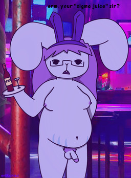 alcohol alcohol_bottle anthro balls beverage beverage_bottle biped blue_body bottle breasts buckteeth casual_nudity container dialogue eyewear fake_ears fake_rabbit_ears front_view genitals glasses gynomorph hair hand_behind_back intersex ironic_fake_ears long_hair looking_at_viewer navel nightclub nipples overweight overweight_gynomorph overweight_intersex penis photo_background pubes public public_nudity purple_hair purple_nipples slightly_chubby solo stretch_marks teeth text tired_eyes toony waiter wine kairitehbunni kairi_(kairitehbunni) lagomorph leporid mammal rabbit artist_name cel_shading digital_drawing_(artwork) digital_media_(artwork) english_text hi_res mixed_media photography_(artwork) shaded trans_(lore) trans_woman_(lore)