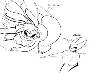 ambiguous_gender antennae_(anatomy) big_breasts big_butt biped black_eyes black_text breasts butt cloak clothed clothing dialogue duo empty_eyes eyelashes female glass hair holding_melee_weapon holding_object holding_weapon looking_at_another melee_weapon motion_lines simple_background text weapon white_background wings latiar hollow_knight_(franchise) team_cherry hornet_(hollow_knight) arthropod insect lepidopteran moth 2026 english_text hi_res