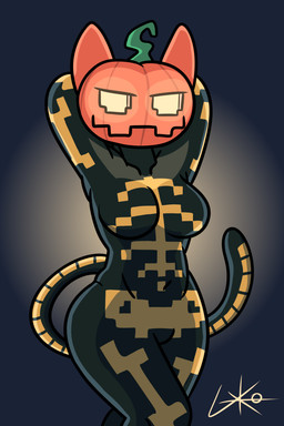anthro belly big_breasts bone breasts butt cat_tail clothing female food fruit glowing glowing_eyes green_body hands_behind_head holidays jack-o'-lantern lilith_lambs navel plant pumpkin simple_background skeleton smile smiling_at_viewer smirk smirking_at_viewer smug smug_face smug_grin solo stem tail thick_thighs tight_clothing wide_hips lilith-ko epic_games fortnite halloween spice_(fortnite) domestic_cat felid feline felis mammal 2:3 absurd_res hi_res