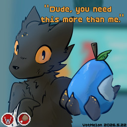 ambiguous_gender anthro bandage black_body black_claws black_ears black_fur claws fingers food fruit fur holding_food holding_object looking_at_viewer mouth_closed plant snout solo standing text tuft casualties:_unknown gunsaw canid canine expie_(gunsawian) fox gunsawian humanoid hybrid mammal murid murine rat rodent english_text hi_res