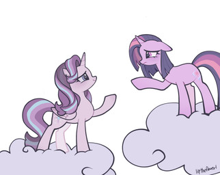 cloud duo female feral horn reaching_out role_reversal sad simple_background smile wings petaltwinkle friendship_is_magic hasbro my_little_pony mythology starlight_glimmer_(mlp) twilight_sparkle_(mlp) equid equine mammal mythological_creature mythological_equine winged_unicorn hi_res