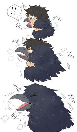 ambiguous_gender beak beak_growth black_body black_feathers bodily_fluids brown_eyes brown_hair exclamation_point eye_color_transformation eyes_closed feather_growth feathers grey_beak growth hair mid_transformation open_beak open_mouth solo species_transformation speech_bubble sweat tongue transformation transformation_sequence yellow_eyes yakumomidori1 avian bird corvid corvus_(genus) crow human mammal oscine passerine absurd_res headshot_portrait hi_res portrait