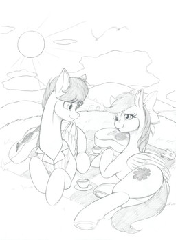 acoustic_guitar clothing cloud cutie_mark duo eyelashes feathered_wings feathers female feral guitar male musical_instrument outside picnic plucked_string_instrument scenery sky string_instrument sun wings longinius hasbro my_little_pony mythology fan_character avian bird equid equine mammal mythological_creature mythological_equine pegasus 2015 absurd_res graphite_(artwork) hi_res monochrome traditional_media_(artwork)