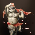 anthro belly clothing fur grey_body grey_fur hair long_hair male musclegut muscular navel nipples pecs ponytail scar solo translucent translucent_clothing veil guadr lifewonders tokyo_afterschool_summoners shino_(tas) canid canine canis domestic_dog mammal absurd_res hi_res