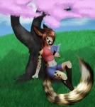 anthro belly bottomwear brown_body brown_fur brown_hair clothing cloud enigmaeevee female field fluffy fluffy_tail fur genet grass hair mammal navel outside pacmancorp plant prick_ears shirt shorts sky solo tail topwear tree viverrid white_belly white_body white_fur yellow_body yellow_fur