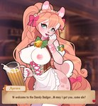 alcohol anthro apron barmaid beer bell bell_accessory beverage big_breasts blush bracelet breasts clothing dialogue exposed_breasts eyeshadow female freckles fur genitals green_eyes hair holding_beverage holding_object huge_breasts jewelry long_hair makeup navel open_mouth orange_hair pink_eyeshadow pussy solo talking_to_viewer tan_body tan_fur text thick_thighs white_body white_fur wide_hips parfaitbunny parfait_(parfaitbunny) lagomorph leporid mammal rabbit english_text hi_res