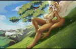 abs anthro antlers areola arm_support big_breasts blonde_hair blush breasts brown_areola feathered_wings feathers female glistening glistening_body gold_(metal) hair halo horn multicolored_body muscular muscular_anthro muscular_female nude one_leg_up raised_leg sitting solo tail thick_thighs wings yellow_body acupa mythology orianne_larone dragon fish hybrid marine mythological_creature mythological_scalie scalie shark hi_res shaded