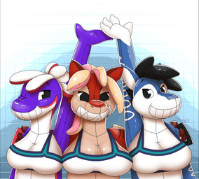 ambiguous_gender anthro breasts female glistening glistening_body group handles_on_shoulders inflatable permanent_smile pseudo_hair seam_(sewing) trio pannotia animate_inanimate living_inflatable absurd_res digital_media_(artwork) hi_res