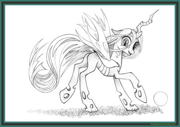 ball black_border border butt female feral hair happy horn long_hair long_tail looking_at_viewer looking_back looking_back_at_viewer quadruped simple_background smile solo tail text white_background wings uminanimu friendship_is_magic hasbro my_little_pony queen_chrysalis_(mlp) arthropod changeling_(mlp) 2015 absurd_res graphite_(artwork) hi_res monochrome traditional_media_(artwork) url
