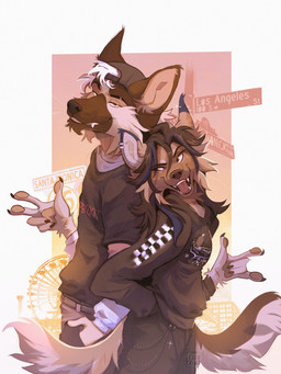 amusement_ride anthro beanie black_clothing black_sweater black_topwear bottomwear brown_body brown_fur christian_cross christian_symbol clothed clothing cross denim denim_bottomwear denim_clothing duo female ferris_wheel fur grey_bottomwear grey_clothing grey_jeans grey_pants hat headgear headwear jeans los_angeles male open_mouth pants religion religious_symbol sweater tail text topwear mapezart christianity canid canine canis domestic_dog mammal 3:4 absurd_res english_text hi_res