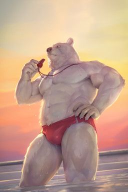 abs anthro bulge clothing fur male muscular muscular_anthro muscular_male pecs red_clothing red_speedo red_swimwear speedo swimwear whistle_(object) white_body white_fur lowerkuo bear mammal polar_bear ursine 2:3 absurd_res hi_res