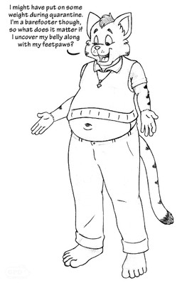 5_fingers anthro belly bottomwear clothing deep_navel dialogue eyebrows fingers jewelry male markings navel necklace open_mouth overweight pants partially_covered_belly shoeless simple_background solo striped_markings stripes text tongue furshinku peter_(furshinku) domestic_cat felid feline felis mammal 9:14 english_text monochrome
