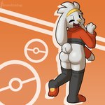 1:1 abstract_background ambiguous_gender bottomless butt clothed clothing cropped_sweater generation_8_pokemon hi_res legwear looking_at_viewer nintendo one_eye_closed open_mouth pokemon pokemon_(species) raboot silvrsterlng solo thigh_highs wink