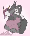 3_eyes anthro cuddling duo ear_piercing facial_piercing femboy fingers hooved_fingers hooves horn horn_jewelry horn_ring hug jewelry kissing male male/male multi_eye multi_horn nose_piercing piercing ring_(jewelry) the13thblackcat bovid caprine demon goat hybrid mammal sheep sheep-goat