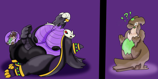 anthro balls big_balls black_body bone clothing cock_vore cum_slime genitals goo_transformation green_eyes gynomorph horn huge_balls intersex jewelry masturbation penile penis purple_body robe skull transformation vore anonymous_artist mythology dragon mythological_creature mythological_scalie scalie hi_res