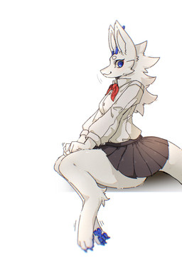 anthro blouse blue_eyes blue_horn blue_paws bottomwear clothing female fur horn simple_background skirt topwear white_body yong_yong_yeee mythology yong_(yong_yong_yeee) dragon furred_dragon furred_scalie mythological_creature mythological_scalie scalie hi_res