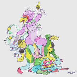 4_fingers 4_toes 5_fingers anal anal_penetration anisodactyl anthro anus arm_tuft avian_feet beak biped blank_stare blue_body blush cat_tail claws closed_smile clothed clothing elbow_tuft eyes_closed feathered_crest feathered_wings feathers feet fingers fur genitals gesture gloves green_clothing green_eyes hand_gesture handwear head_crest holding_feet knee_pads looking_pleasured male male/male mask mostly_nude mouth_closed open_mouth partially_clothed penetration penis piledriver_position pink_body pink_feathers pink_penis plantigrade pointing pointing_up power_bottom scarf sex simple_background smile stepping_on_face tail tail_feathers talons tapering_penis toes tongue torn_clothing tuft white_background winged_arms wings yellow_body yellow_fur oselotti gyro_feather avian bird felid feline galliform mammal peafowl phasianid 1:1 2023 absurd_res hi_res