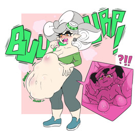 after_vore belly big_belly breasts duo female female_pred female_prey grey_hair hair overweight vore yellow_eyes dwps nintendo splatoon callie_(splatoon) marie_(splatoon) aquatic cephalopod inkling mollusk 2021 absurd_res hi_res