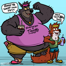 accessory anthro belly big_belly bottle bottomwear candy candy_bar clothing container cup dessert dialogue disposable_cup duo elbowing flexing food footwear headband huge_belly jewelry male musclegut muscular necklace open_mouth overweight overweight_anthro overweight_male poking_belly shirt shoelaces shoelaces_untied shoes shorts size_difference slim sneakers speech_bubble standing tank_top teeth_showing text topwear water_bottle fatbearsmallchair disney robin_hood_(disney) robin_hood sheriff_of_nottingham canid canine canis fox mammal red_fox true_fox wolf 1:1 english_text hi_res