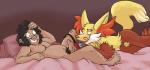 2017 anthro balls blush canid canine delphox diamonds_(artist) duo erection eyewear female generation_6_pokemon genitals glasses human human_on_anthro humanoid_genitalia humanoid_penis interspecies licking licking_lips male male/female mammal measuring measuring_penis nintendo penis pokemon pokemon_(species) pokephilia pubes pussy tape_measure tongue tongue_out