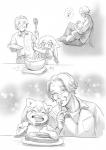 age_difference animal_humanoid canid canid_humanoid canine canine_humanoid child comic cooking female food happy hi_res human humanoid idea male mammal mammal_humanoid monochrome nagawa_tomo older_male smile text wolf_humanoid young