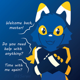 ambiguous_gender anthro blue_body blue_fur clasped_hands daww dialogue fur looking_at_viewer machine mascot open_mouth open_smile simple_background smile solo text yellow_sclera electronic_sergal e621 esix android domestic_cat felid feline felis mammal robot 1:1 english_text meme
