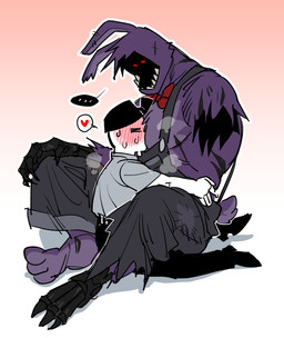 blush bodily_fluids clothing duo gradient_background heart_symbol hug red_eyes shirt simple_background size_difference sweat sweatdrop topwear ppaljang five_nights_at_freddy's five_nights_at_freddy's_2 scottgames bonnie_(fnaf) withered_bonnie_(fnaf) human mammal absurd_res hi_res