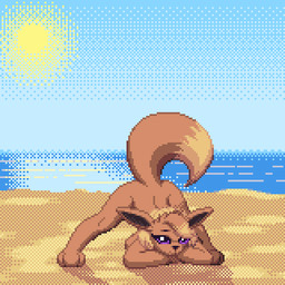 anthro anthrofied areola ass_up beach breasts brown_body brown_fur day female fur hair jack-o'_pose looking_at_viewer nipples nude outside pokemorph pose sand sky smile solo sun tail water zeka10000 nintendo pokemon eevee generation_1_pokemon pokemon_(species) 1:1 digital_media_(artwork) low_res pixel_(artwork)
