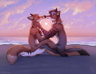 ambiguous_gender anthro beach blue_highlights brown_body brown_fur claws cloud dipstick_tail duo eyes_closed finger_claws fluffy fur hair highlights_(coloring) holding_partner inner_ear_fluff intimate jewelry kerchief kissing markings neckerchief neckwear nude nude_anthro pawpads paws pendant pointy_ears prick_ears red_body red_fur romantic romantic_couple sitting sky striped_markings stripes sun sunset tail tail_markings text toe_claws tuft water wave whisker_spots whiskers white_body white_fur kippycube canid canine fox mammal 2025 artist_name signature