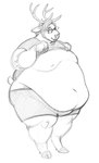 anthro antlers belly belly_overhang big_belly butt clothed clothing clothing_lift eyewear fur glasses hooves horn male moobs morbidly_obese navel nipples obese obese_anthro obese_male overweight overweight_anthro overweight_male presenting_belly shirt shirt_lift smile solo standing thick_thighs topwear yasano deer mammal monochrome