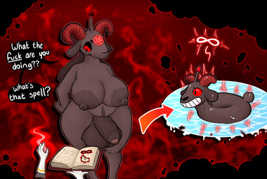 after_transformation annoyed anthro areola balls before_and_after belly big_areola big_balls big_breasts big_nipples big_penis biped body_hair book breasts brown_body brown_fur clothing curse darkened_balls darkened_genitalia darkened_penis dialogue directional_arrow disembodied_hand flaccid foreskin fur genitals gloves gynomorph hair hand_on_hip handwear happy_trail huge_balls huge_breasts huge_penis humanoid_genitalia humanoid_penis inanimate_transformation infinity_symbol inflatable inflatable_toy inflatable_transformation inner_tube intersex long_hair magic navel nipples occult_symbol offscreen_character open_book penis pentagram permanent_smile permanent_transformation pool_toy profanity red_sclera sagging_breasts solo speech_bubble symbol talking_to_viewer transformation water wide_hips pincoosh baphomet_(deity) bovid caprine caprine_demon deity demon goat_demon mammal hi_res