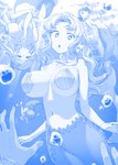 animal_tail big_breasts bra breasts clothing disembodied_hand eyelashes female first_person_view fish_tail group hair huge_breasts long_hair looking_at_viewer navel open_mouth seashell_bra split_form underwater underwear water wide_hips himura_kiseki humanoid marine merfolk blue_and_white hi_res monochrome