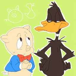 duo humanoid_hands male red_bow toony popcublove looney_tunes warner_brothers daffy_duck porky_pig anatid anseriform avian bird domestic_pig duck mammal suid suine sus_(pig) 1:1 low_res
