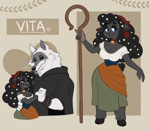 accessory anthro bell bell_collar black_body black_fur black_hair black_wool blue_eyes blush breasts cane cheek_tuft claws cleavage cloak clothed clothing collar dress duo eyebrows facial_markings facial_tuft female flower flower_in_hair fluffy fur fuzzy hair hair_accessory half-closed_eyes hand_holding head_markings head_tuft heart_symbol holding_object hooves long_hair looking_down love male male/female markings mask_(marking) mole_(marking) narrowed_eyes neck_tuft plant poncho predator/prey red_eyes romantic romantic_couple short_tail size_difference small_waist smile staff standing tail text tuft waist_grab whiskers white_body white_fur wool_(fur) wraps wrist_wraps zuriscribbles dreamworks puss_in_boots_(franchise) death_(personification) death_(puss_in_boots) fan_character life_(personification) vita_(zuriscribbles) bovid canid canine canis caprine mammal sheep wolf hi_res