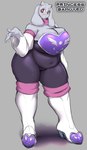 5_fingers anthro big_breasts boots breasts cleavage clothed clothing cosplay crossover_cosplay female fingers floppy_ears footwear fur grey_background high_heeled_boots high_heels horn huge_breasts long_ears mature_anthro mature_female overweight overweight_anthro overweight_female red_eyes shoes simple_background solo standing text thick_thighs tight_clothing white_body white_fur princess_samoyed sega sonic_the_hedgehog_(series) undertale undertale_(series) rouge_the_bat toriel boss_monster_(undertale) bovid caprine mammal absurd_res artist_name crossover full-length_portrait hi_res portrait