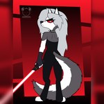 anthro black_clothing black_fingerless_gloves black_gloves black_handwear clothing collar ear_piercing ear_ring eye_through_hair female fingerless_gloves fluffy fluffy_tail fur gloves grey_body grey_fur grey_hair hair handwear holding_lightsaber lightsaber looking_at_viewer looking_back looking_back_at_viewer melee_weapon notched_ear piercing red_lightsaber red_sclera ring_piercing solo spiked_collar spikes tail translucent translucent_hair weapon white_body white_eyes white_fur dubstails helluva_boss mythology star_wars loona_(helluva_boss) canid canid_demon canine canis demon hellhound mammal mythological_canine mythological_creature wolf 1:1 colored digital_drawing_(artwork) digital_media_(artwork) hi_res